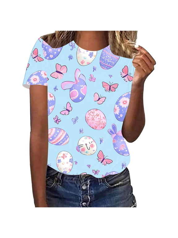 PATLOLLAV Summer Savings Womens Tops Funny Print Casual Loose Fit Tee Blouse Print V-Neck Shirts