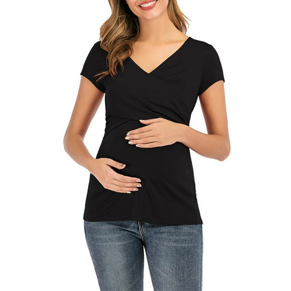 PATLOLLAV Summer Womens V-Neck Short Sleeve Solid Color Fashion Maternity Breastfeeding Tops