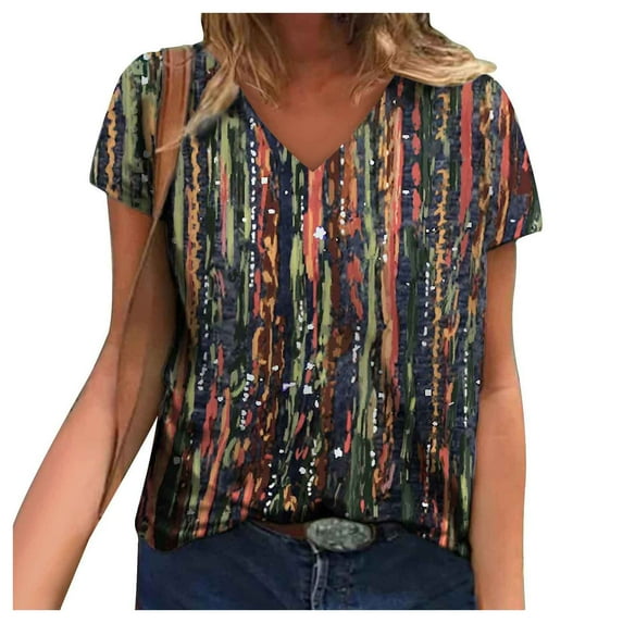 PATLOLLAV Summer Tops,Ladies,Fashion Womens V-Neck Print Short Sleeve Print Blouse Tshirts Tops