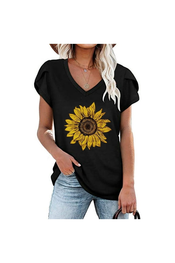 Summer Tops,Ladies Womens V-Neck Sunflower Print Tops Tshirts Casual Petal Sleeve Blouse