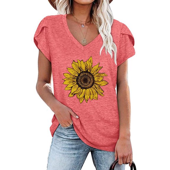 PATLOLLAV Summer Tops,Ladies,Womens V-Neck Sunflower Print Tops Tshirts Casual Petal Sleeve Blouse