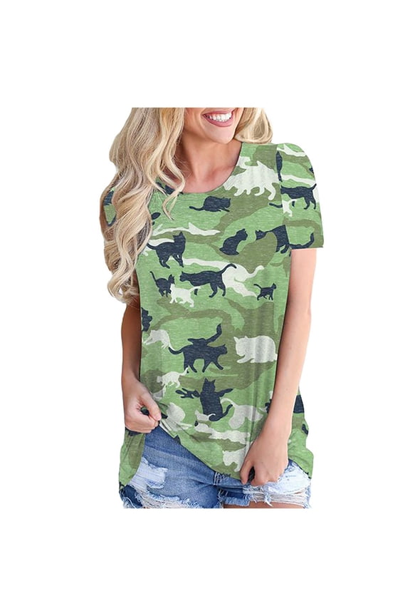 Summer Tops,Women Socket Camouflage Print O-Neck Short Sleeve Shorts Leisure Tops