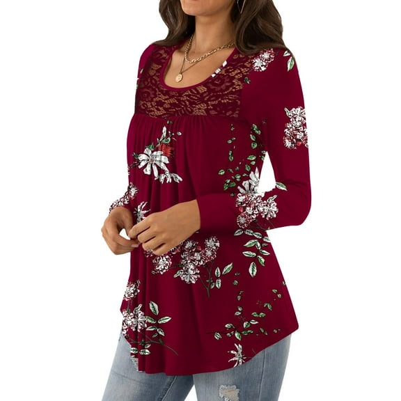 PATLOLLAV T-Shirt for Women 2022,Women's Loose Long Sleeve Print Tunic Tops Lace Panel Pleated T-Shirts Blouses