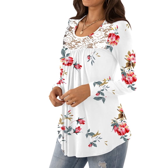 PATLOLLAV T-Shirt for Women 2022,Women's Loose Long Sleeve Print Tunic Tops Lace Panel Pleated T-Shirts Blouses