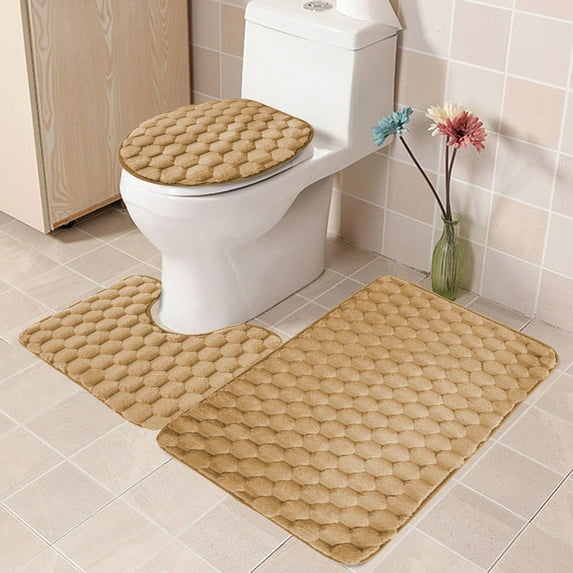 PATLOLLAV Three-piece Bathroom Rug Set,Solid Color Stone Rock Embossed Stand Out Style Design Bathroom 3 Pieces Set (1 Bath Rug,1 U Shape Mat,1 Lid Cover) with Non-Slip Rubber Backing