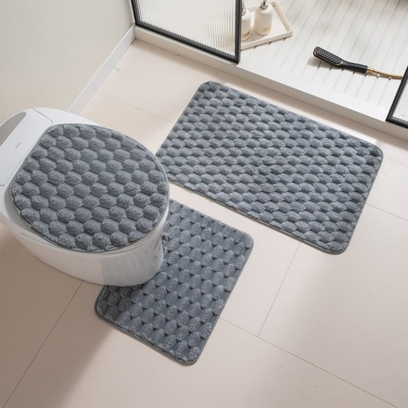 PATLOLLAV Three-piece Bathroom Rug Set,Solid Color Stone Rock Embossed Stand Out Style Design Bathroom 3 Pieces Set (1 Bath Rug,1 U Shape Mat,1 Lid Cover) with Non-Slip Rubber Backing