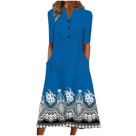 PATLOLLAV Women Dresses Summer Spring V-Neck Printing Pocket Buttons Casual Loose Mid-Calf Dress