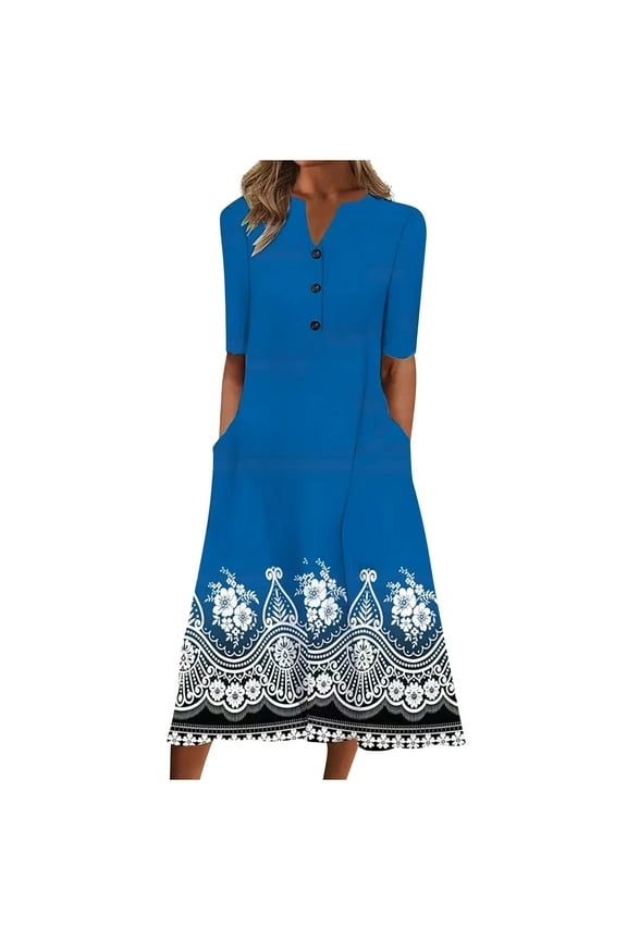 Women Dresses Summer Spring V-Neck Printing Pocket Buttons Casual Loose Mid-Calf Dress