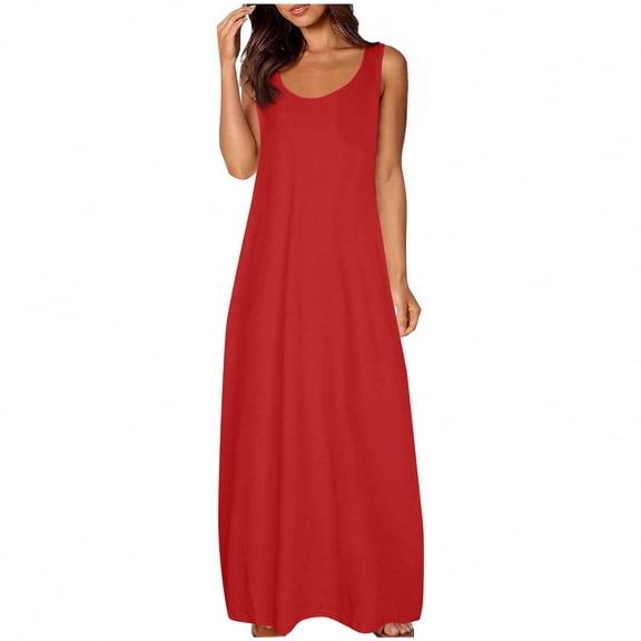 PATLOLLAV Women's Large Dresses Pocket Solid Color Round Neck Sleeveless Dress