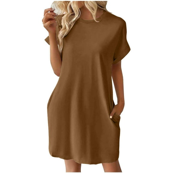 PATLOLLAV Women's Summer Fashion Solid Color Pocket Short Sleeve Round-Neck Dress