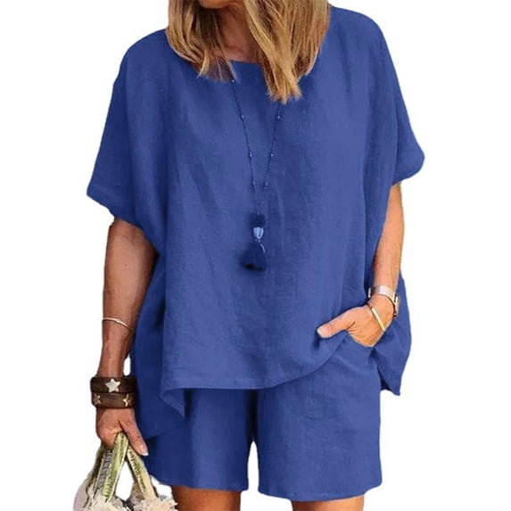 PATLOLLAV Womens Clearance,Women Casual Summer Round Neck Short Sleeve Tops and Shorts Two Pieces Set