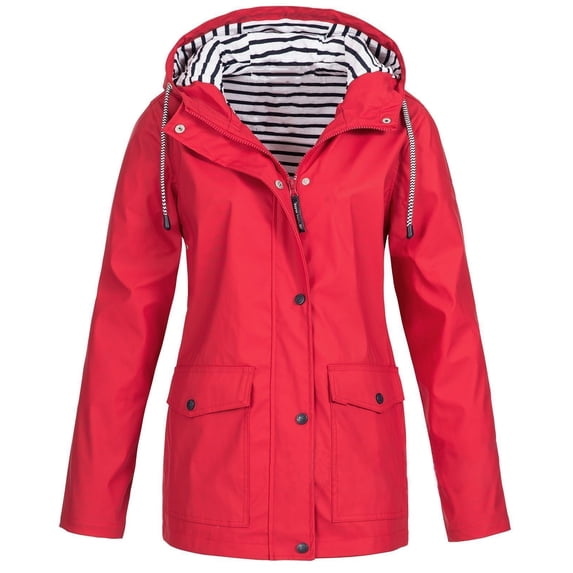 Patlollav Women Solid Rain Jacket Outdoor Plus Size Waterproof Hooded Raincoat Windproof