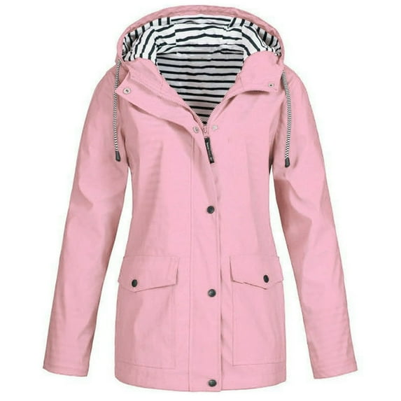 Patlollav Women Solid Rain Jacket Outdoor Plus Size Waterproof Hooded Raincoat Windproof