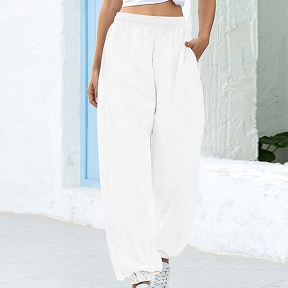PATLOLLAV Womens Ladys Casual High Waist Loose Pants Comfy Stretch Solid Sweatpants Pants