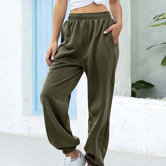 PATLOLLAV Womens Ladys Casual High Waist Loose Pants Comfy Stretch Solid Sweatpants Pants