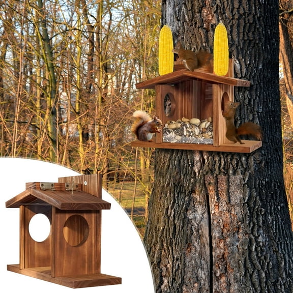 PATLOLLAV Wood Squirrel Feeder,House Shape Squirrel Feeders for Outside Winter,Wooden Chipmunk Feeder for Corn, Peanuts, Durable Box Easy to Fill with Removable Front Panel
