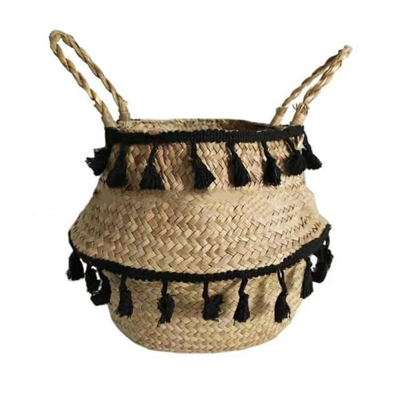 PATLOLLAV Woven Seagrass Baskets Belly Basket Folding Boho Natural Plant Pot with Handles Round Decorative Wicker Large Indoor Planter for Home Outdoor Tree Planters Decor