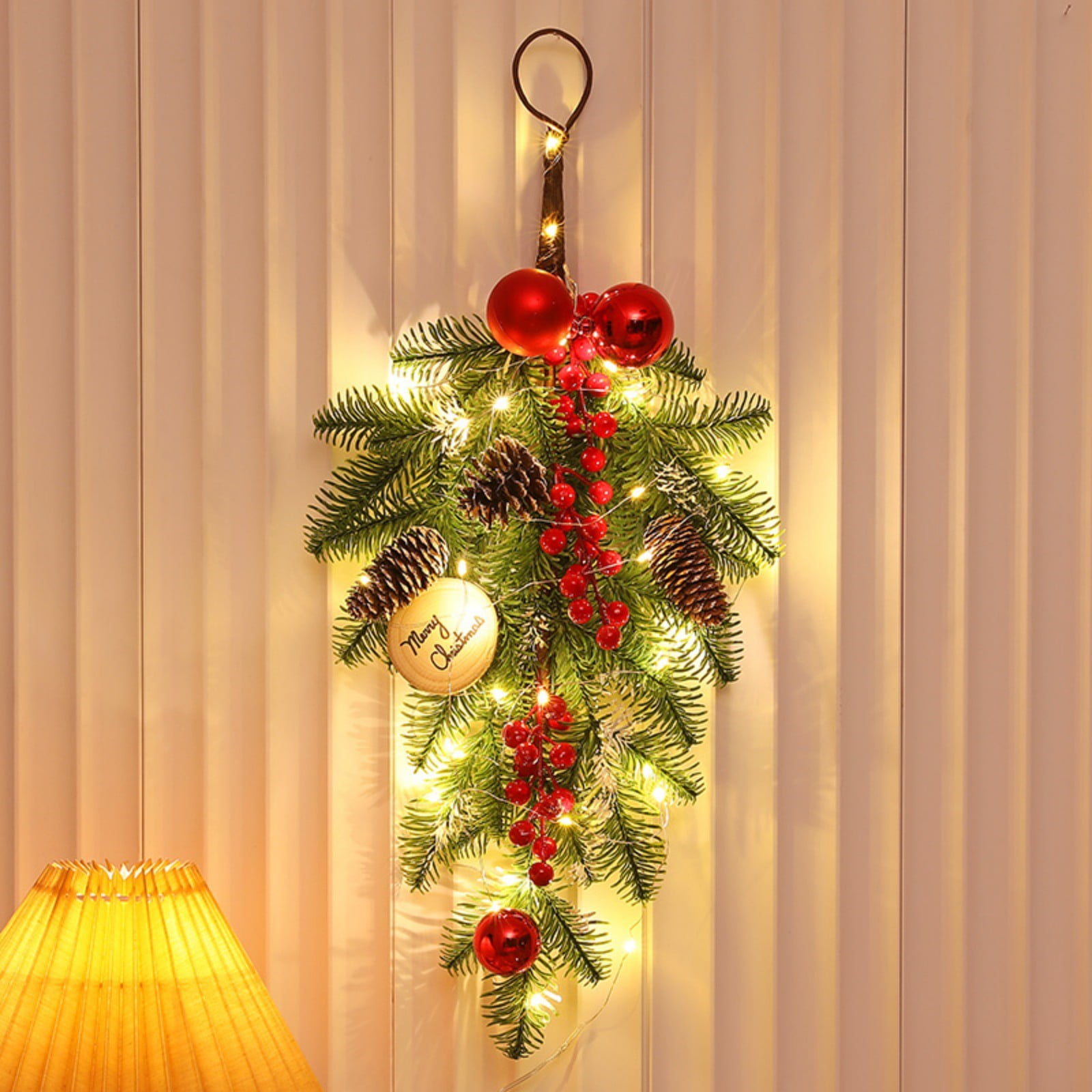 PATLOLLAV Xmas Wreath,19.7 Inch Christmas Pre Lit Decorative Teardrop Swag Wreath,Christmas Swag Decoration with LED Lights Baubles Pine Cones Bell Eucalyptus Leaves for Front Door Wall Door