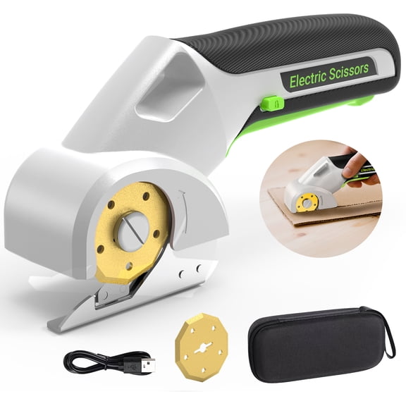PATODOR 4V Cardboard Cutter, Cordless Electric Scissors Cutting Tools, Rotary Cutter for Fabric, 2 Titanium Blades, Safety Lock, for Carpet, Leather