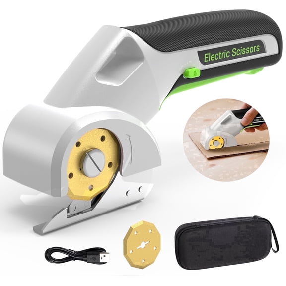 PATODOR 4V Cardboard Cutter, Cordless Electric Scissors Cutting Tools, Rotary Cutter for Fabric, 2 Titanium Blades, Safety Lock, for Carpet, Fabric, Leather, White