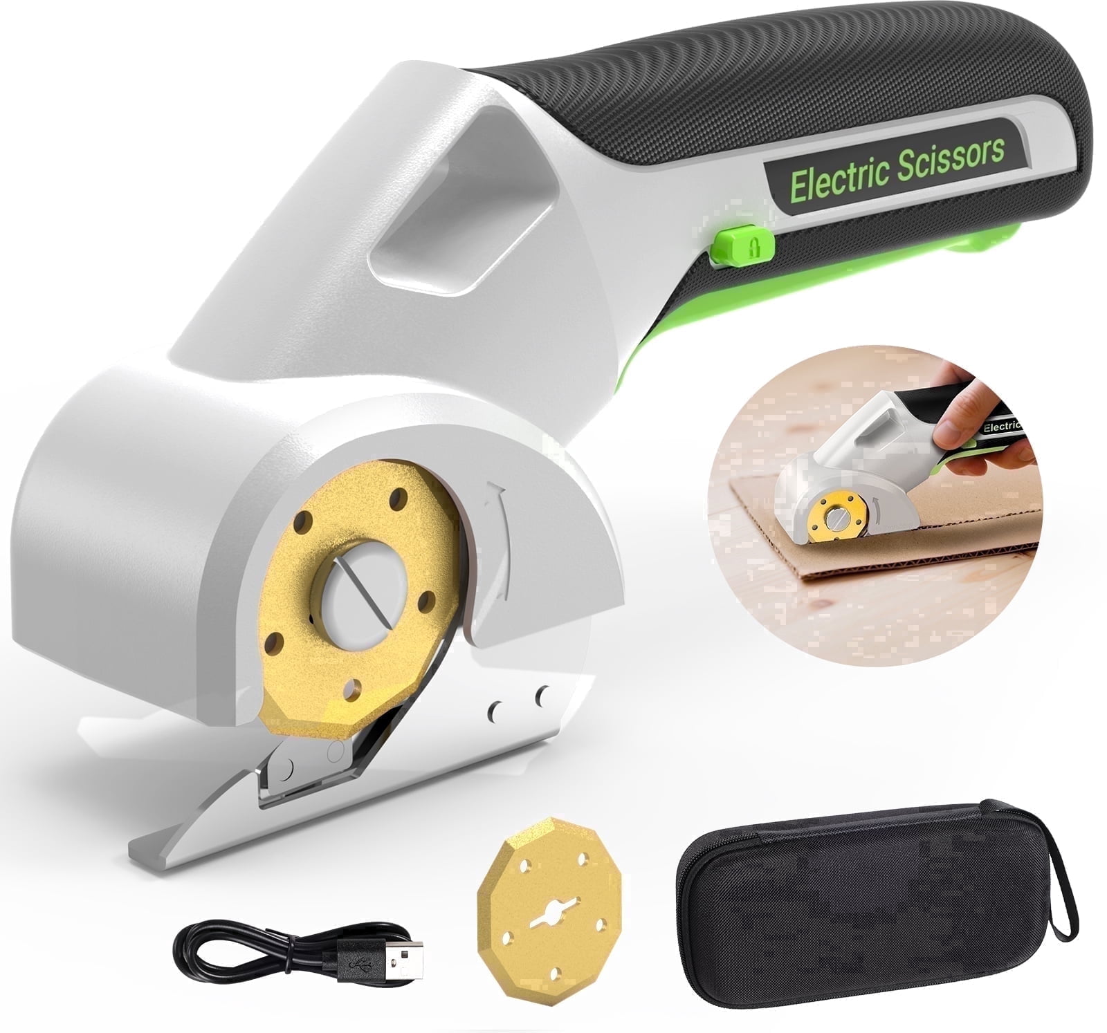 PATODOR 4V Cardboard Cutter, Cordless Electric Scissors Cutting Tools, Rotary Cutter for Fabric, 2 Titanium Blades, Safety Lock, for Carpet, Leather