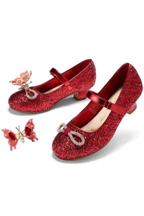 Girls Mary Jane Dress Shoes Glitter Sequins Rhinestones Bow Low Heel Princess Shoes with Butterfly Hair Clips