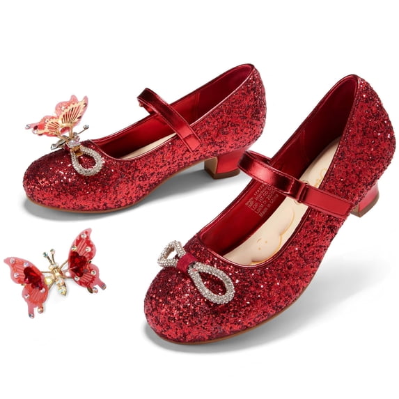 PATPAT Girls Mary Jane Dress Shoes Glitter Sequins Rhinestones Bow Low Heel Princess Shoes with Butterfly Hair Clips