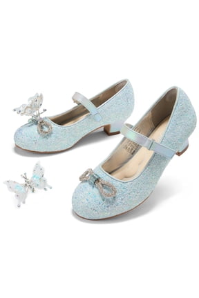 Girls Mary Jane Dress Shoes Glitter Sequins Rhinestones Bow Low Heel Princess Shoes with Butterfly Hair Clips