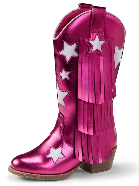 Girls Western Cowgirl Boots Pointed Toe with Star Detail Tassel Fringe Vintage Platform Shoes