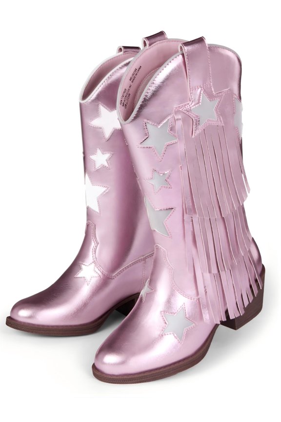 Girls Western Cowgirl Boots Pointed Toe with Star Detail Tassel Fringe Vintage Platform Shoes