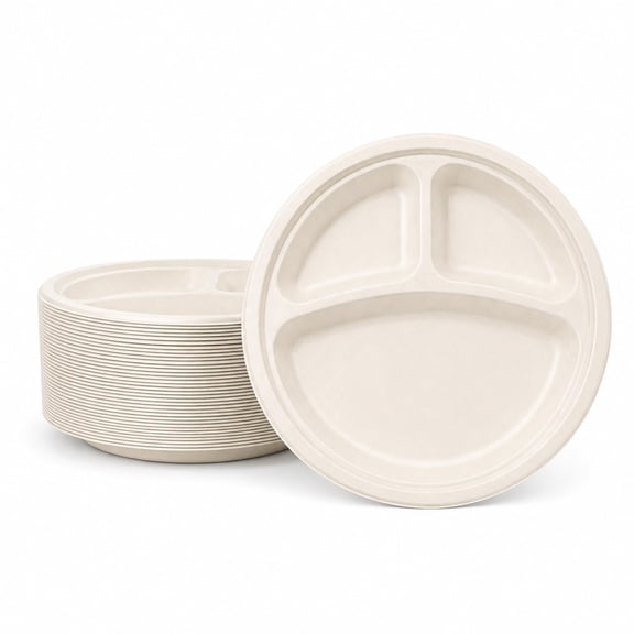 PATRAM Biodegradable 3 Compartment Plates for Wedding & Party [Round]  Eco-Friendly Bagasse Disposable Plates | Fridge & Microwave-Safe | 100% Compostable, Single-Use, Pack of 125