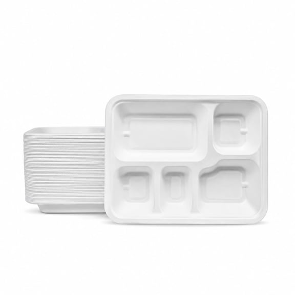 PATRAM Biodegradable 5-Compartment Rectangular Plates | Sugarcane Bagasse | Compostable & Eco-Friendly Disposable Plates | Microwave & Freezer Safe | Plastic-Free | Pack of 100