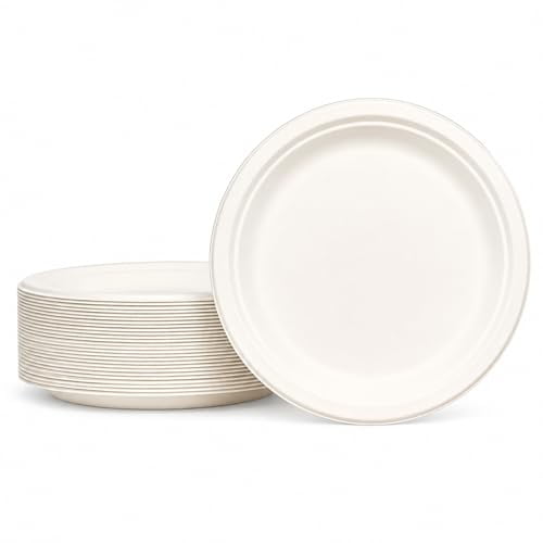 PATRAM Biodegradable Plates for Banquet, Wedding, Party [9-inch] Eco-Friendly, Bagasse Disposable Plates  Round | Fridge & Microwave-Safe | 100% Compostable, Single-Use Paper Plates, Pack of 125