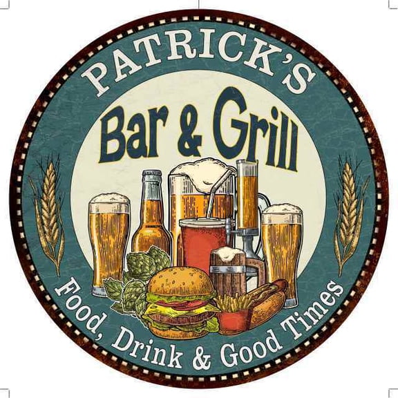 PATRICK'S Bar and Grill Round Metal Sign Kitchen Wall Decor Size: 12 x 12 inch