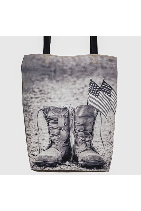 PATRIOTIC BOOTS RECYCLED MILITARY TENT TOTE-B&W