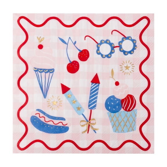 Bonjour Fte Pink Patriotic Gingham Large Paper Napkins, Disposable Party Supplies, 20 Count, Lunch Size, Picnic, 4th of July