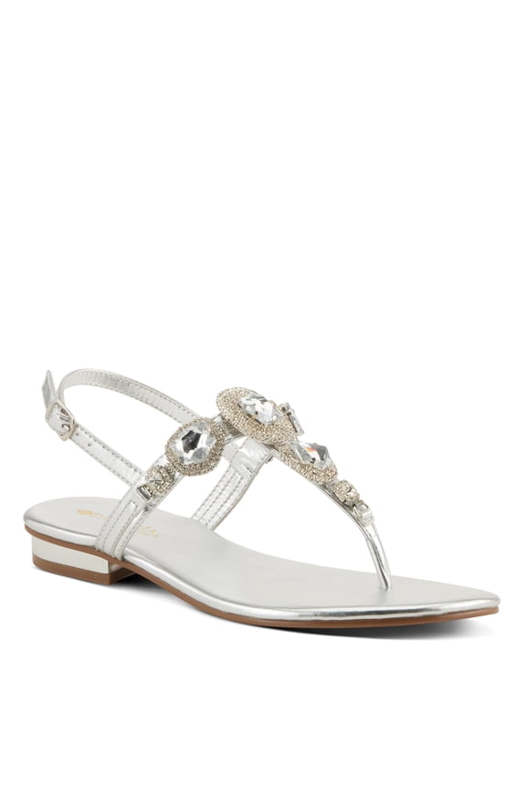 Women's ANAIS Buckle Flat Metallic Sandals - Oversized Stones, Adjustable Fit, Glamorous Design