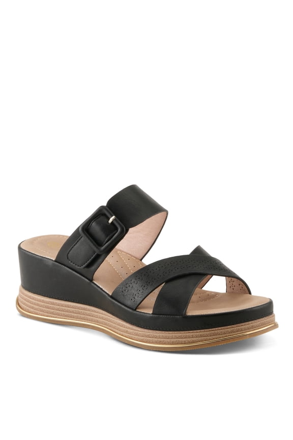 Women's CATTANEO Hook and Loop Platform Wedge Sandals - Laser-Cut Design, Faux Leather, Cushioned Footbed
