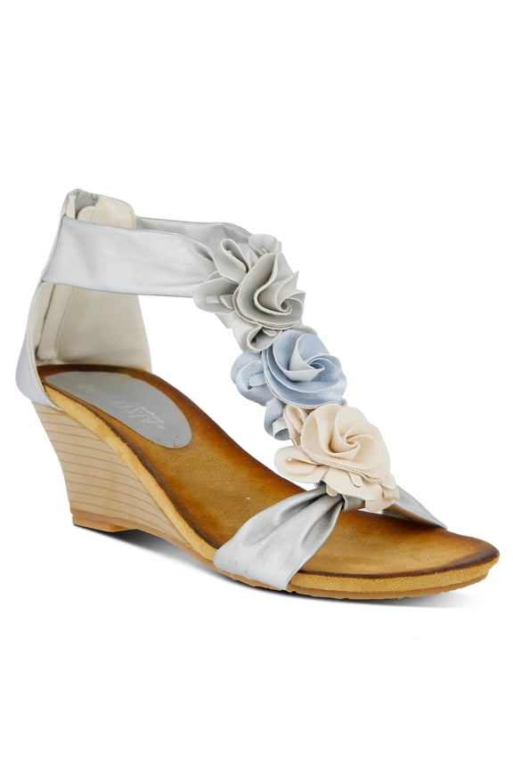 Women's HARLEQUIN Ankle Strap T-Strap Wedge Sandals - Floral Design, Cushioned Insole, Back Zipper
