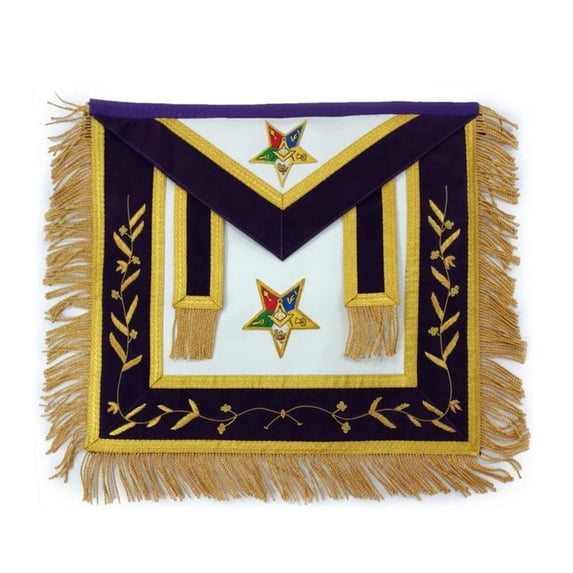 PATRON OES APRON - WHITE & NAVY BLUE SATIN, HAND EMBROIDERED MASONIC ORDER OF THE EASTERN STAR WITH GOLDEN MYLAR TASSEL