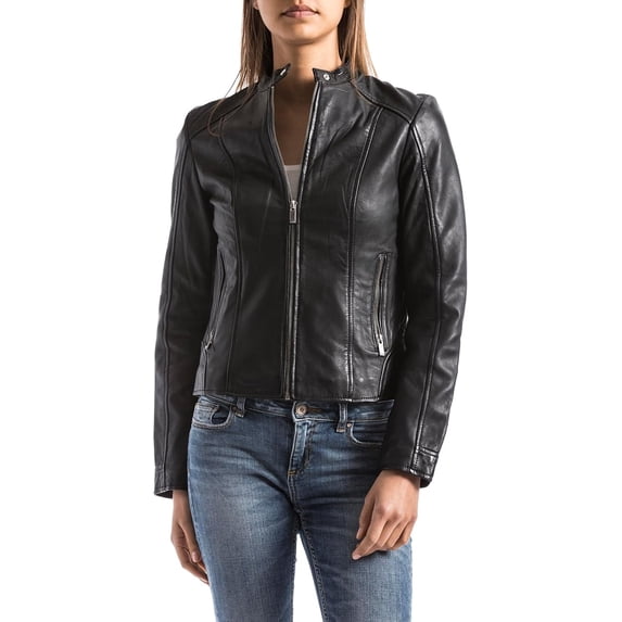 BLUE WELLFORD Pattie Women's Black Leather Biker Jacket - Chic Collar, Press Stud Closure, Front Zip Fastening, & Zipped Side Pockets