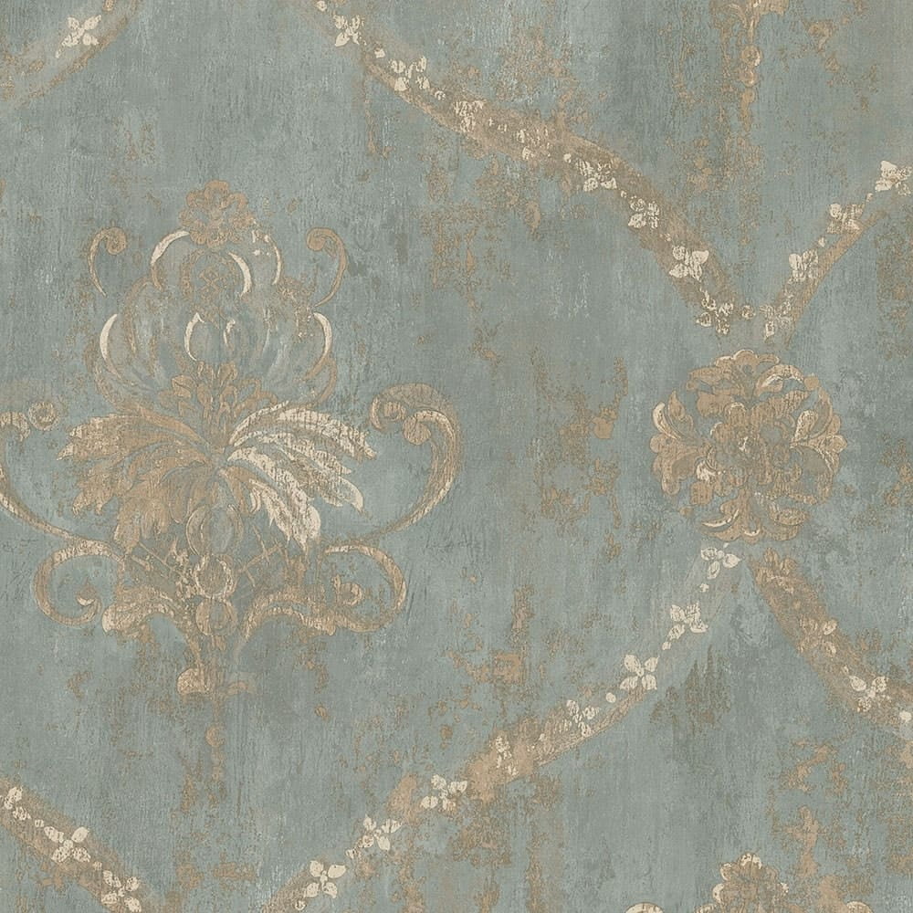 Aqua Blue and Gold Large Damask Pre-pasted Wallpaper