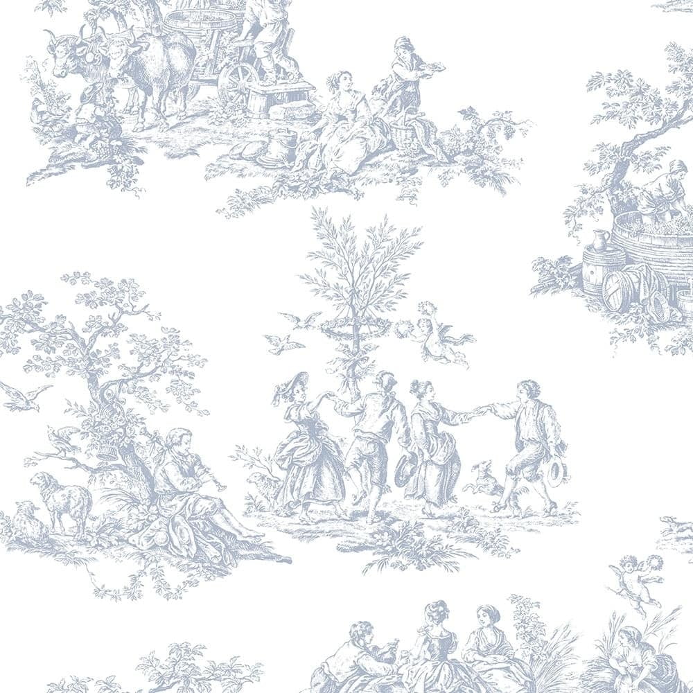 Victorian Light Blue and White Romantic Toile Vinyl Wallpaper