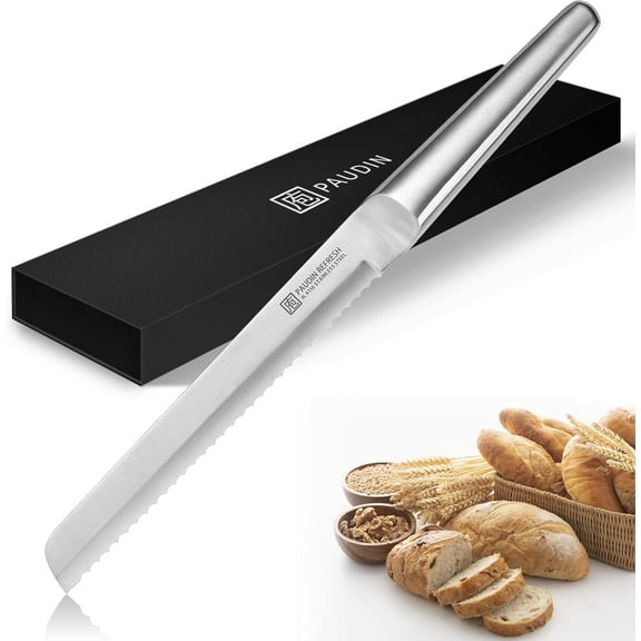 PAUDIN Bread Knife, 8 Inch High Carbon Stainless Steel Serrated Bread Knife, Ultra Sharp Wide Edge Cake Knives with Ergonomic Hollow Handle for Slicing Bread, Cake and Bagels