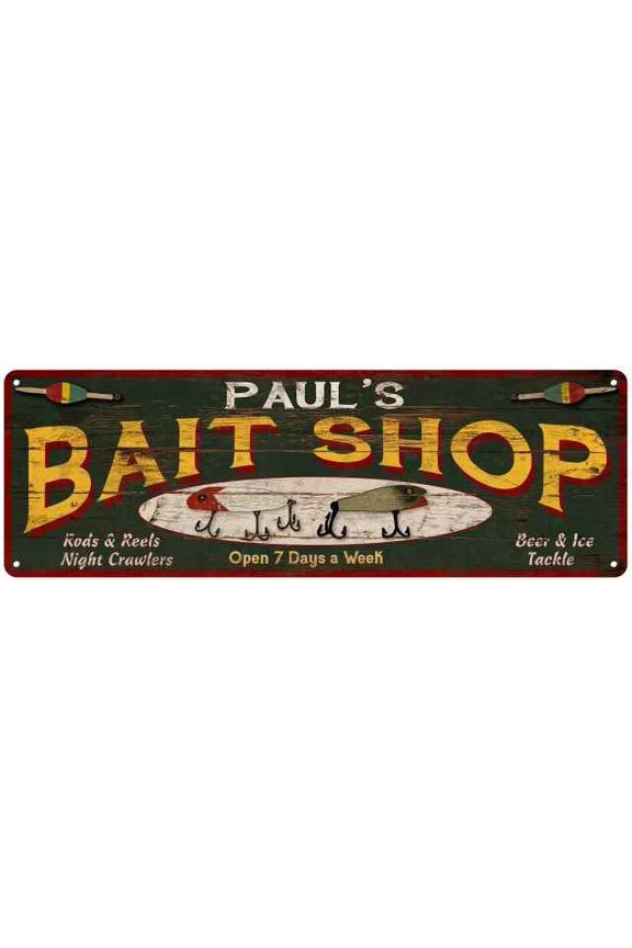 PAUL'S Bait Shop Sign Wood Look Man Cave Den Gift 6x18 Metal 206180024016