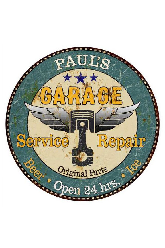 PAUL'S Garage 14" Round Metal Sign Man Cave Home Wall Dcor 100140027103