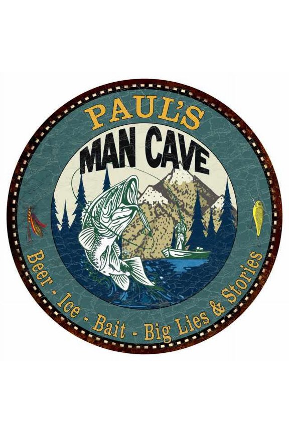 PAUL'S Man Cave Fishing 14" Round Metal Sign Garage Bar Wall Decor 100140004101