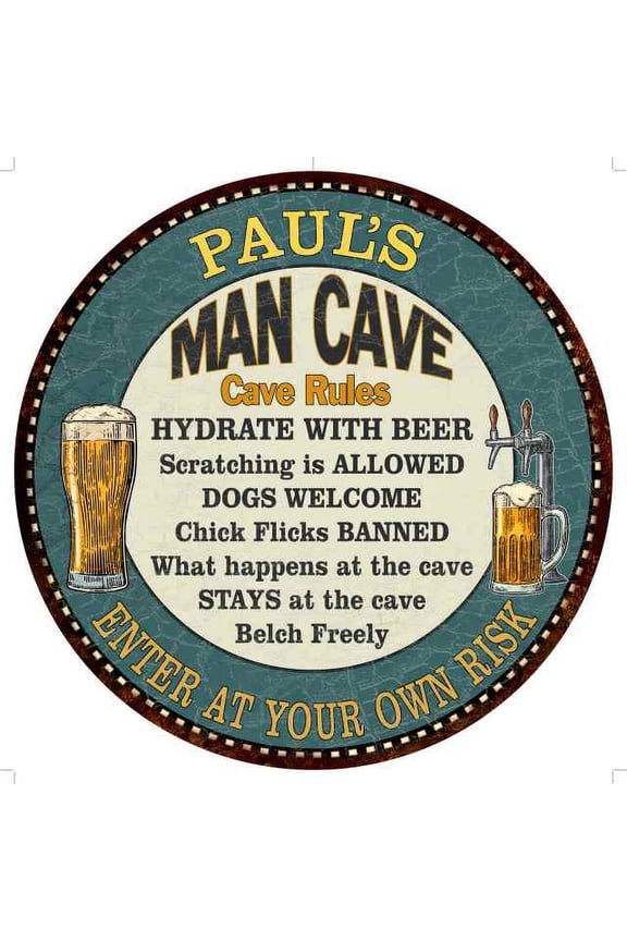PAUL'S Man Cave Rules 12" Round Metal Sign Garage Bar Decor 200120009101