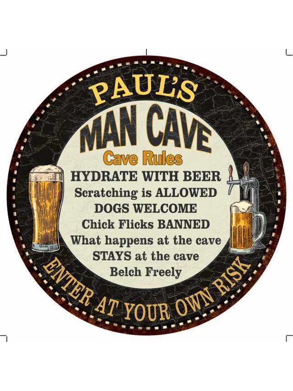 Man Cave Rules Round Metal Sign Garage Bar Decor Size: 8 x 8 inch