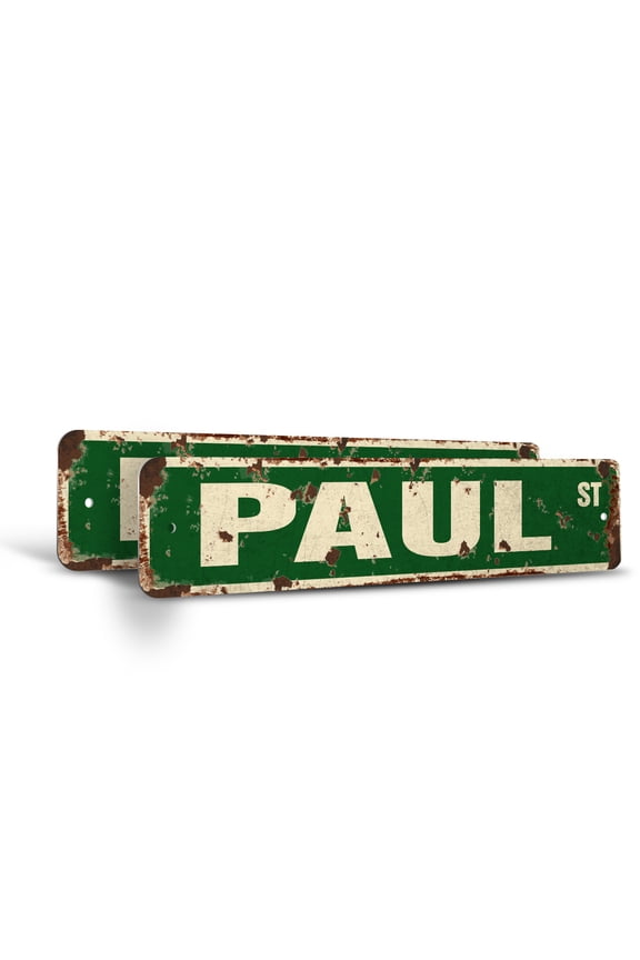 PAUL Vintage Style Rustic Street Sign – (2 Pack) Childrens Name Room Sign Retro Decorative Wall Sign for Home, Bar, Garage, or Outdoor Use | 4" X 18" Plastic Road Sign